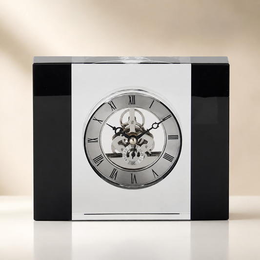 Silver Gears Black & Clear Crystal Glass Clock 5.5”