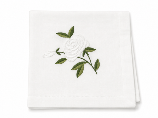 Washable White/Green Rose Napkin - 20” x 20” Set of 4