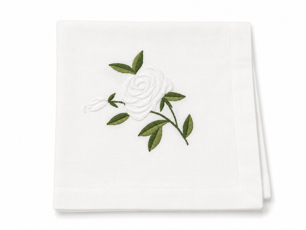 Washable White/Green Rose Napkin - 20” x 20” Set of 4