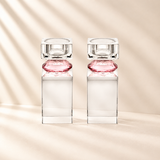 Set of 2 Tall Tea Light Candle Holders with Pink Diamond on Foot