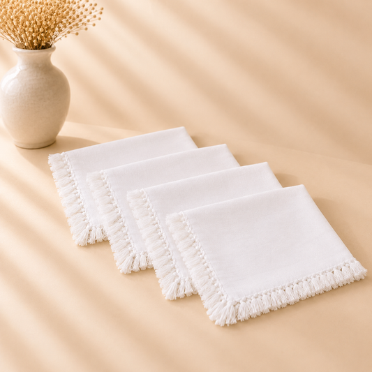 Large Fringe Napkin Set of 4 20”x20” - White