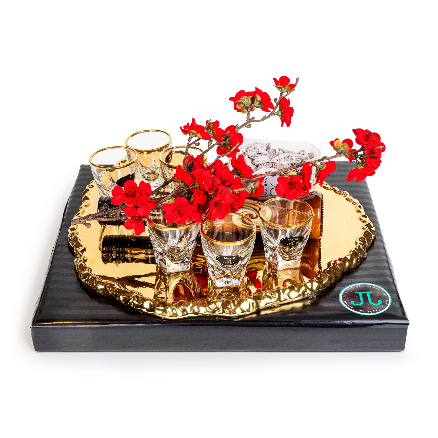 MM-Gold Tray W/Shot Glasses