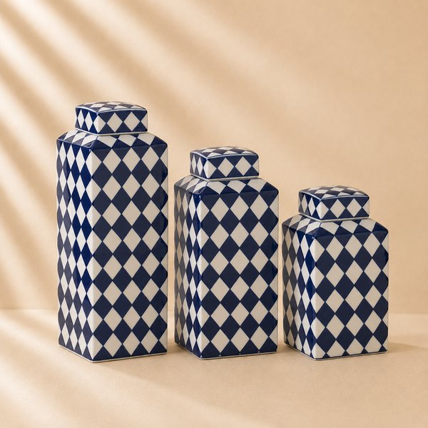 Square Blue & White Check Porcelain Vase with Lid