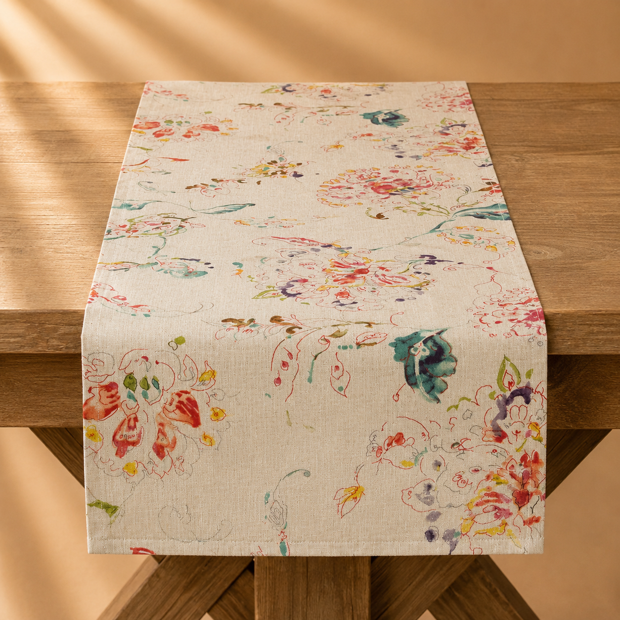 Printed Floral Design Runner Natural 16”x72”