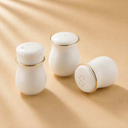 Aura White with Gold Rim White Salt & Pepper & Toothpick holder Set