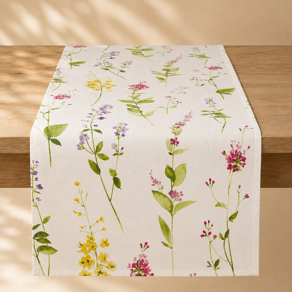 Watercolor Floral Stems Runner Off White 16”x72”