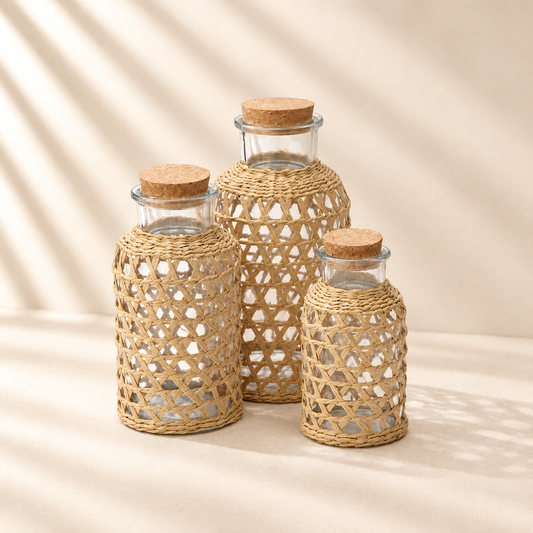 Set of 3 Natural Lattice Wrapped Decorative Jars With Cork Stopper