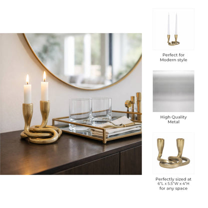 Candle Holder - Gold Metal Knotted 2-Taper, 6 in.