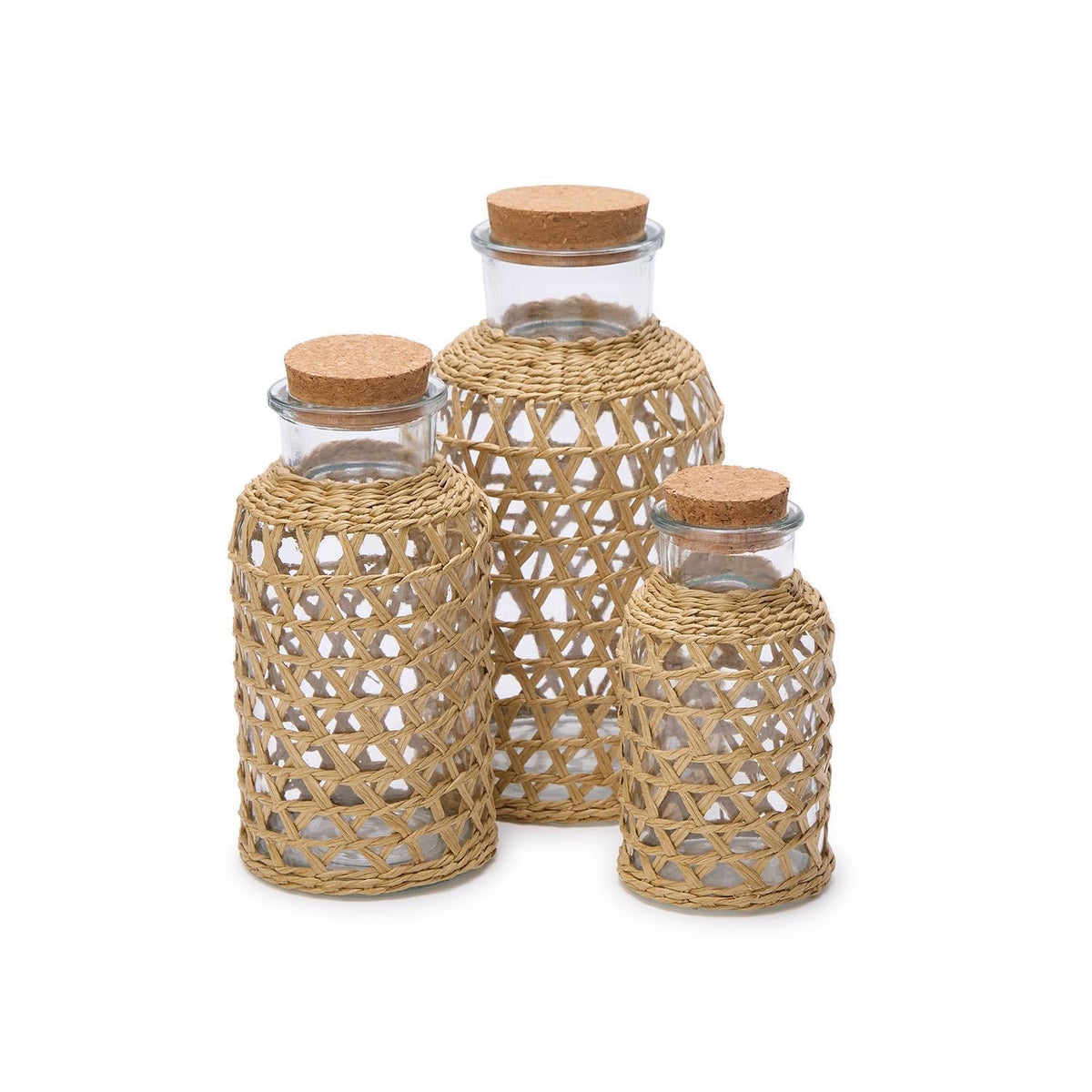Set of 3 Natural Lattice Wrapped Decorative Jars With Cork Stopper