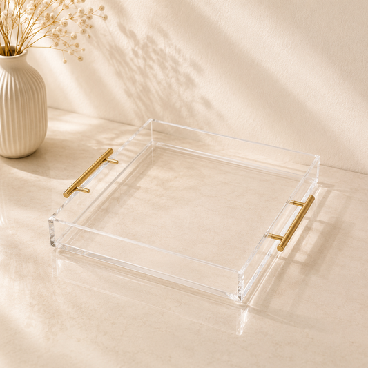 Acrylic Tray Gold Handles 14”x14”