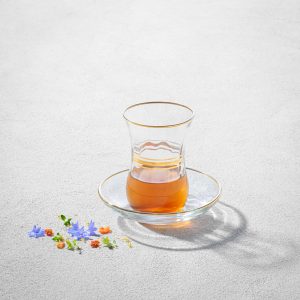 Clear Glass Cups with Gold Rim & Saucers Set of 6