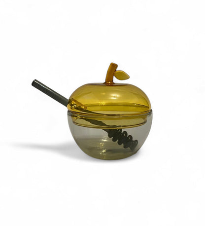 Glass Apple Honey Dish W/Spoon (Smoke/Yellow)