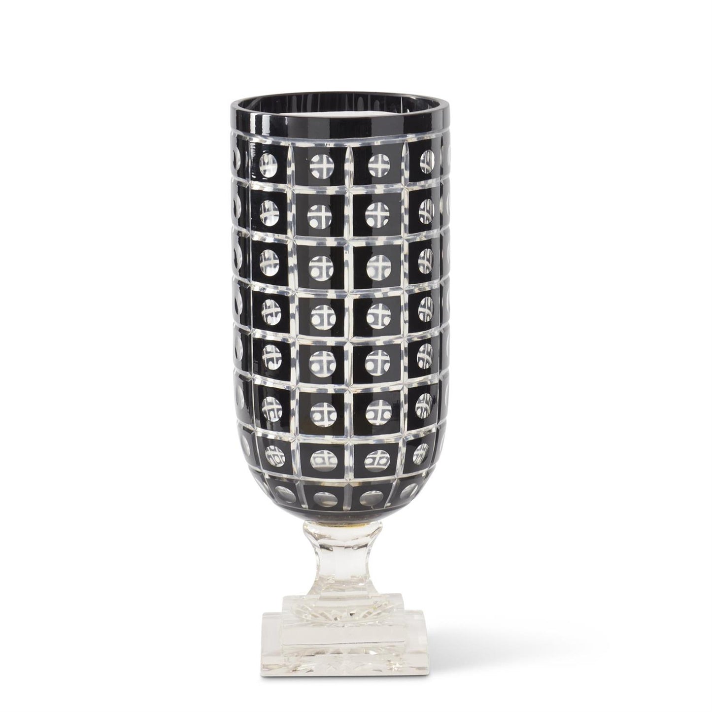 Black Dot Cut Vase with Clear Glass Pedestal 15”