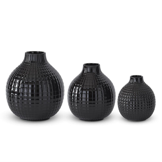 Glossy Black Ceramic Grid Vases