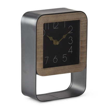 Black Metal & Wood Rectangular Framed Square Clock 8.75”