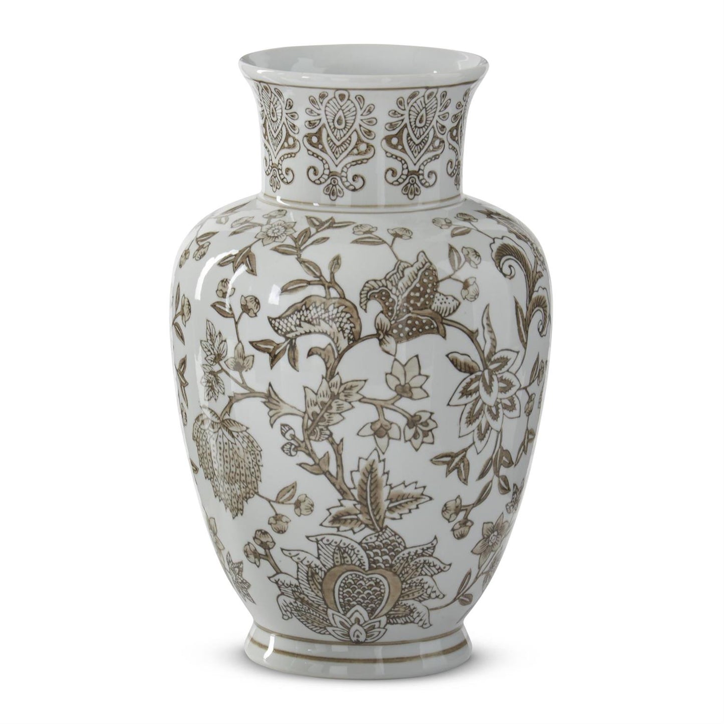 Taupe & White Porcelain Chinoiserie Vase 11.75”