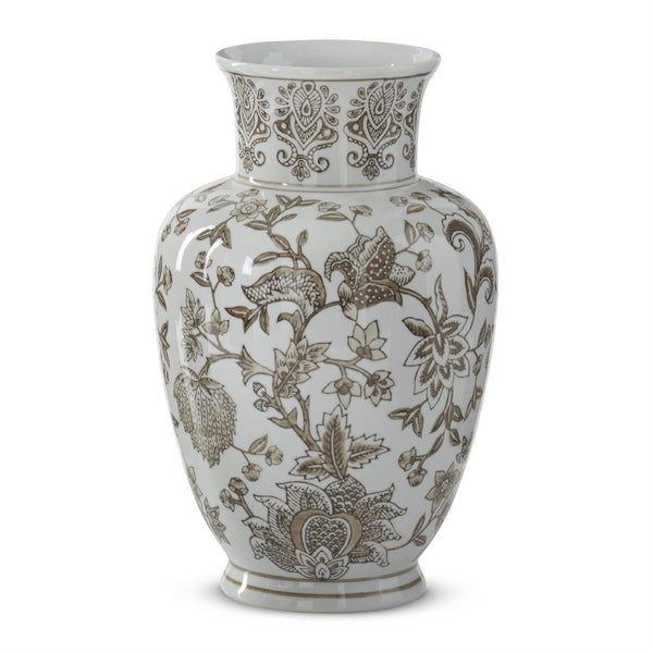 Taupe & White Porcelain Chinoiserie Vase 11.75”