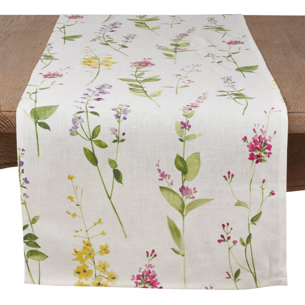 Watercolor Floral Stems Runner Off White 16”x72”