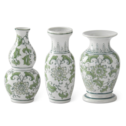 Green & White Ceramic Chinoiserie Bud Vase