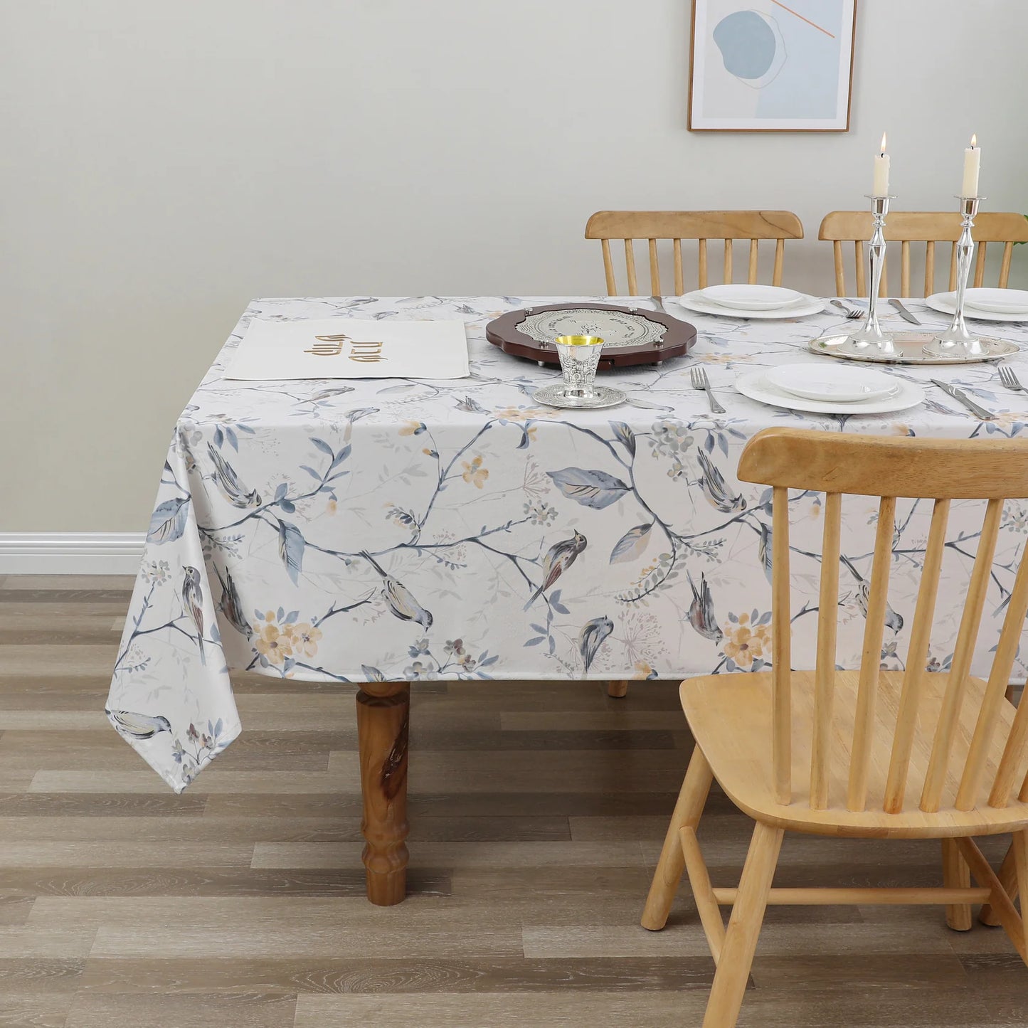 Soft Gray Flowers with Birds Velvet Tablecloth
