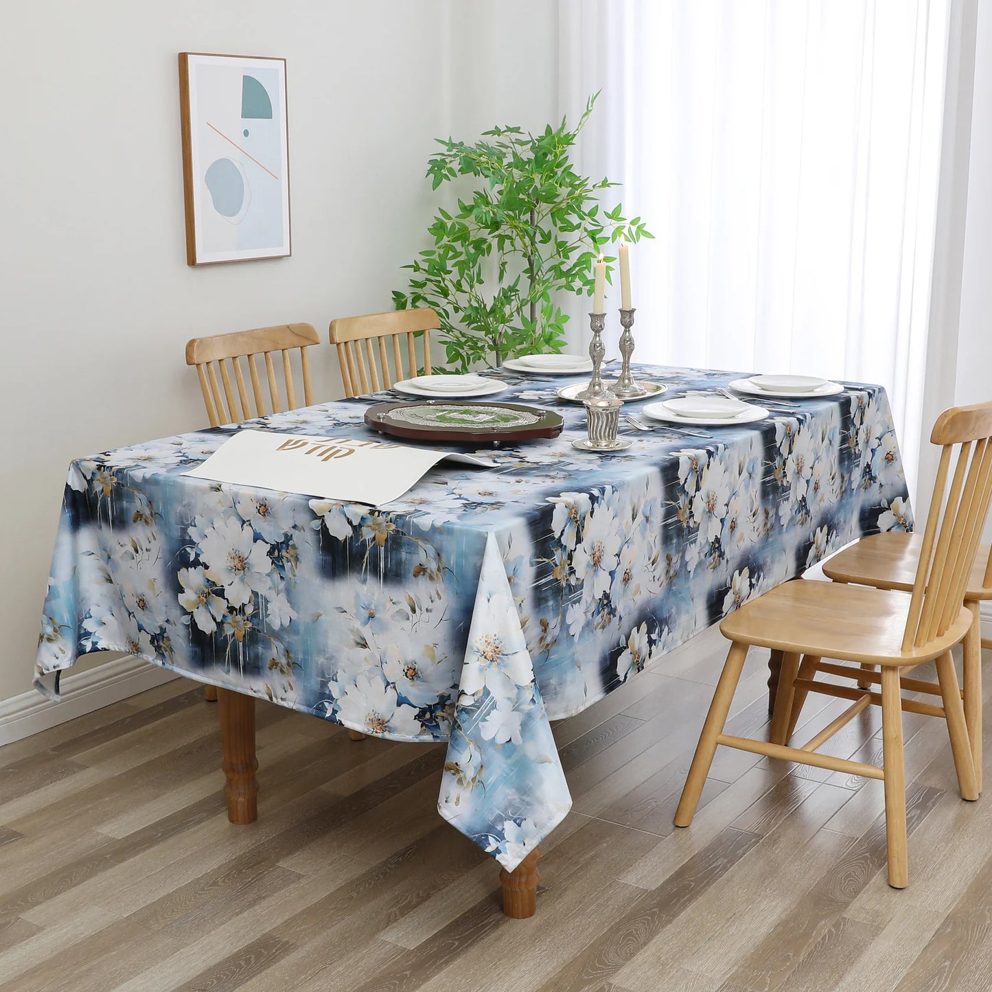 Large Blue Flowers Velvet Tablecloth
