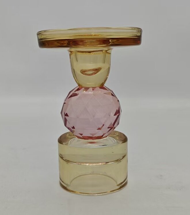 Set of 2 Candle Holders Amber with Pink Ball Detail 4.7”