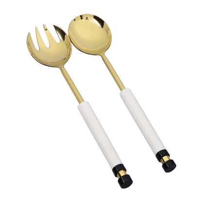 Gold Salad Servers-White Handle