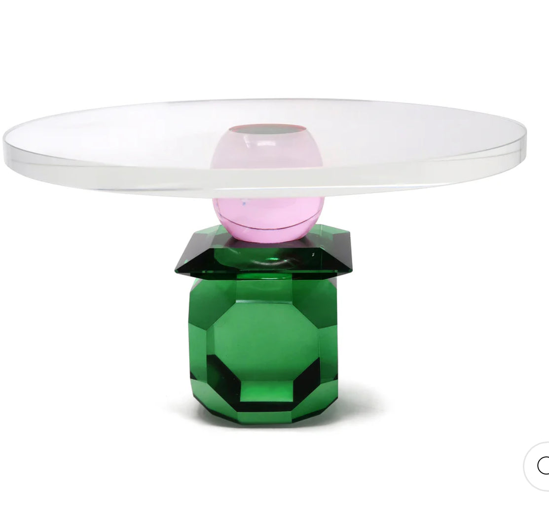 Glass Cake Plate with Green/Pink Base