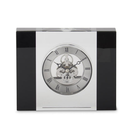 Silver Gears Black & Clear Crystal Glass Clock 5.5”