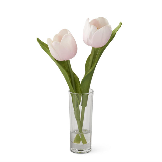 Pink Real Touch Tulip Premade In Glass Vase 8.5”
