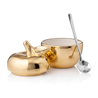 Gold Apple Honey Dish With Spoon