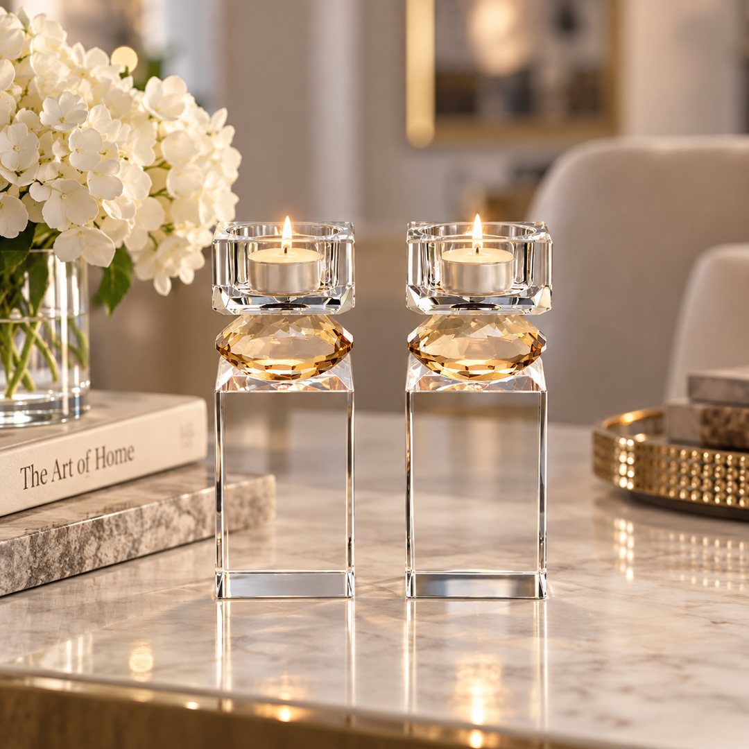 Set of 2 Tall Tea Light Candle Holders with Amber Diamond on Foot