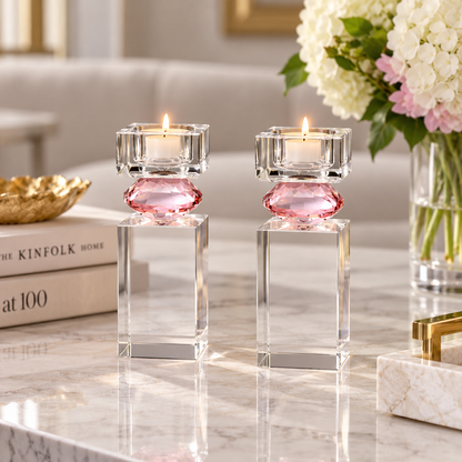 Set of 2 Tall Tea Light Candle Holders with Pink Diamond on Foot