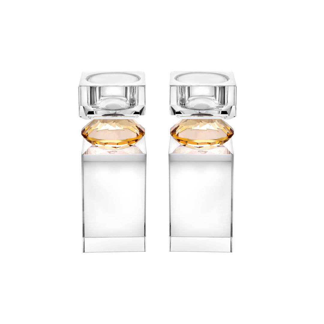 Set of 2 Tall Tea Light Candle Holders with Amber Diamond on Foot