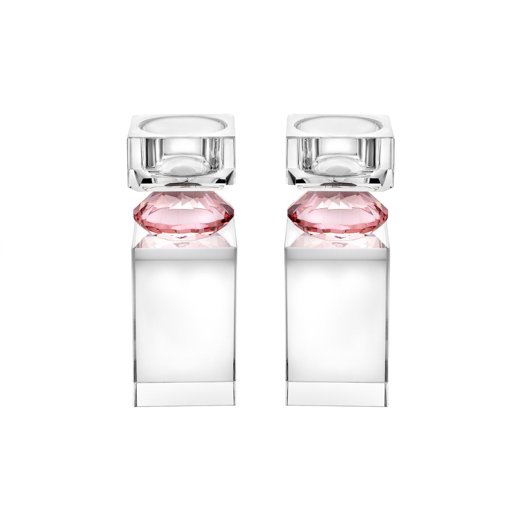 Set of 2 Tall Tea Light Candle Holders with Pink Diamond on Foot