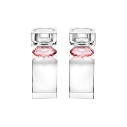 Set of 2 Tall Tea Light Candle Holders with Pink Diamond on Foot