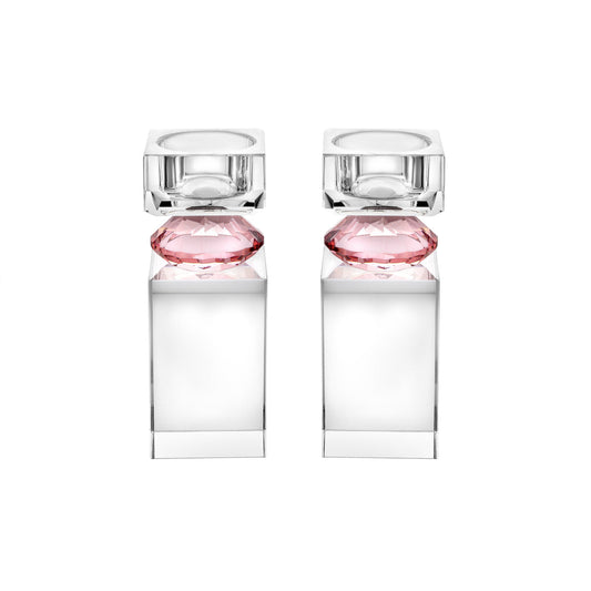 Set of 2 Tall Tea Light Candle Holders with Pink Diamond on Foot