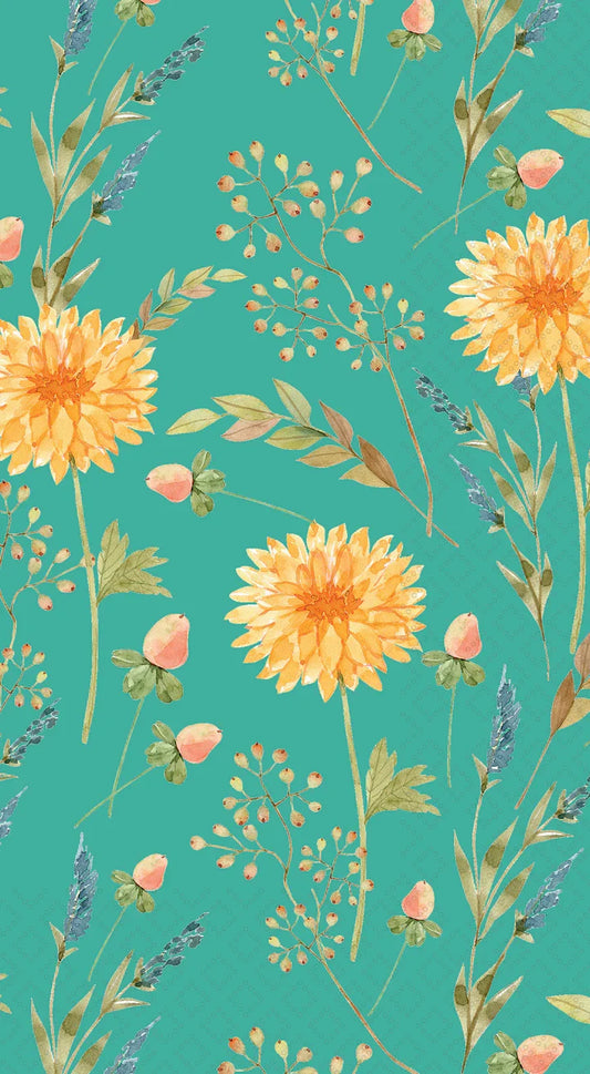 Yellow Flowers Green Guest Towel 16pk