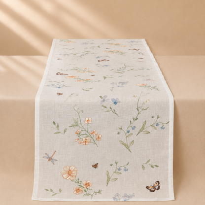 Sheer Floral & Butterfly Printed Decorative Table Runner: Natural / 14"x72"
