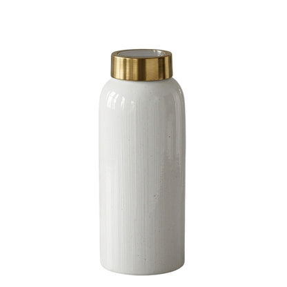 Gold Rim White Enameled Metal Vase