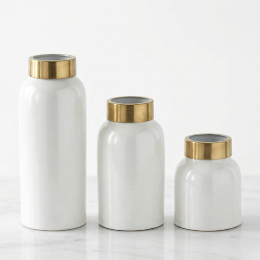 Gold Rim White Enameled Metal Vase