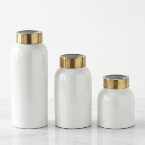 Gold Rim White Enameled Metal Vase