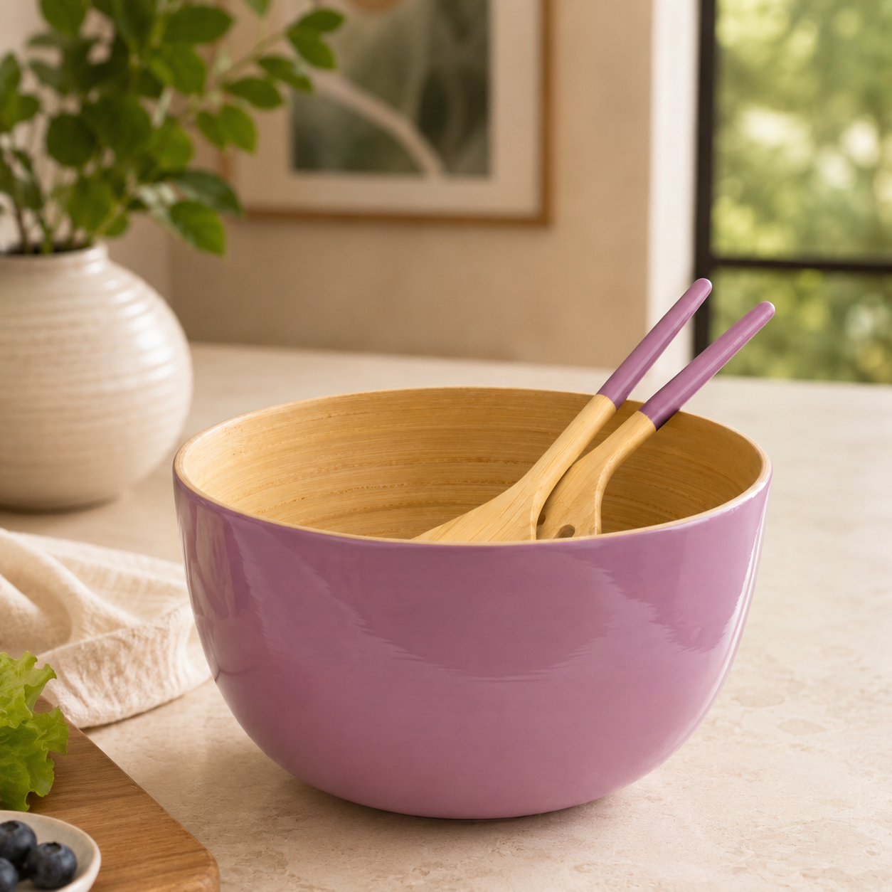 Bamboo Salad Bowl & Salad Server - Mauve