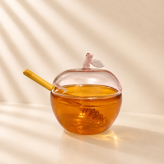 Glass Apple Honey Dish W/Spoon (Pink/Amber)