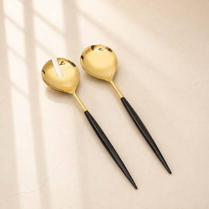 Gold Salad Servers with Neat Black Handles