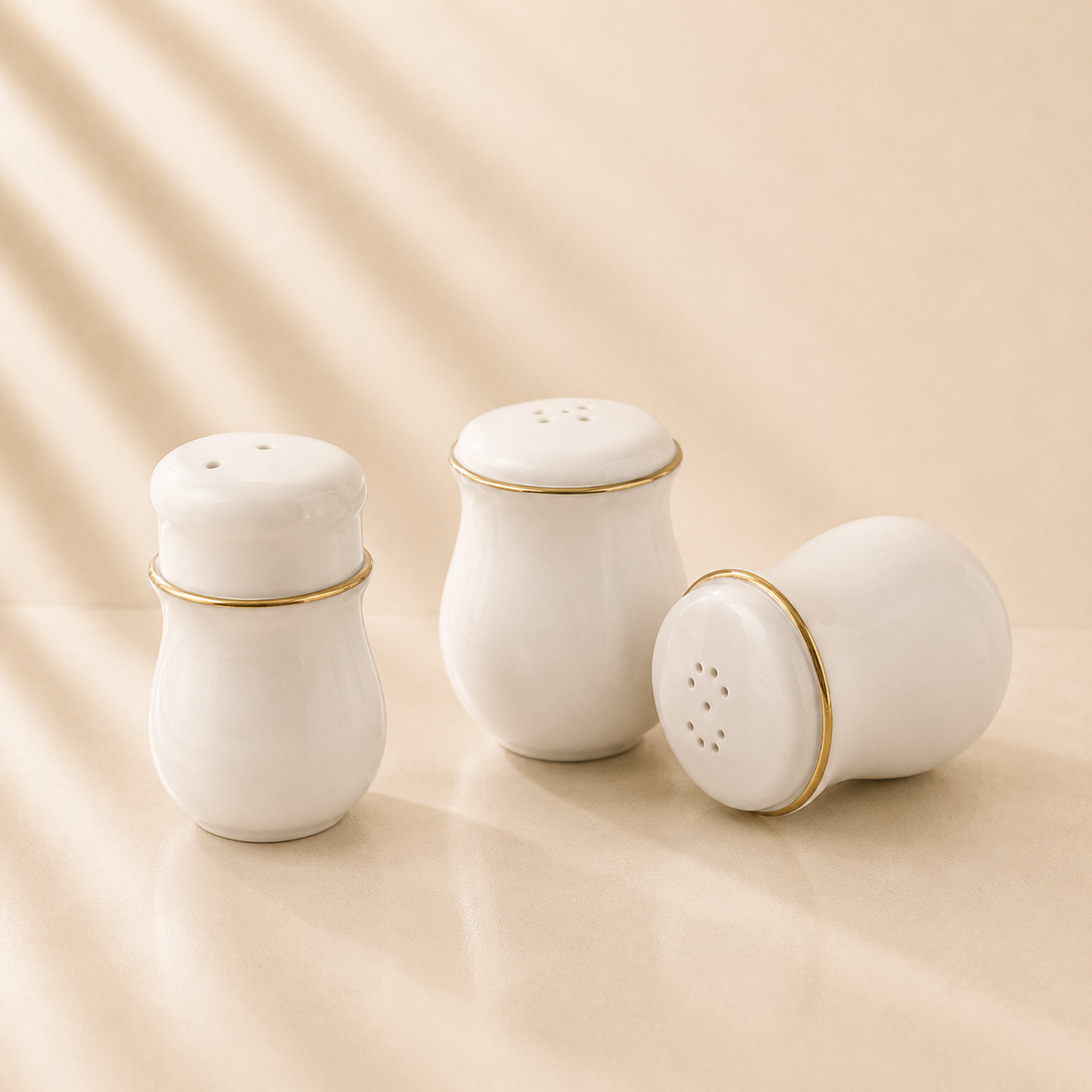 Aura White with Gold Rim White Salt & Pepper & Toothpick holder Set