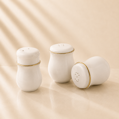 Aura White with Gold Rim White Salt & Pepper & Toothpick holder Set