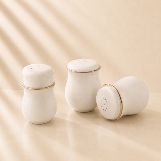 Aura White with Gold Rim White Salt & Pepper & Toothpick holder Set