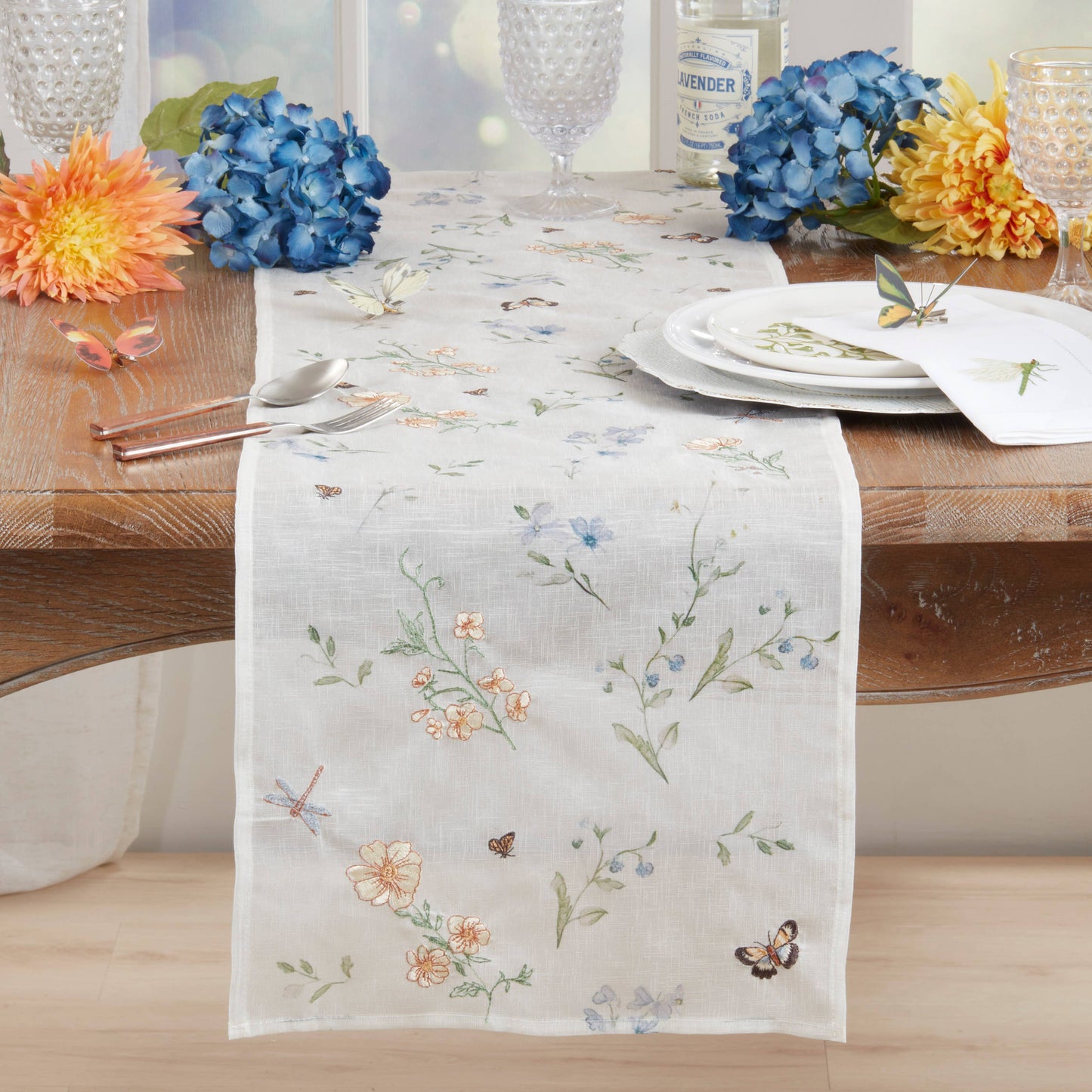 Sheer Floral & Butterfly Printed Decorative Table Runner: Natural / 14"x72"