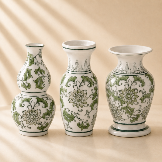 Green & White Ceramic Chinoiserie Bud Vase